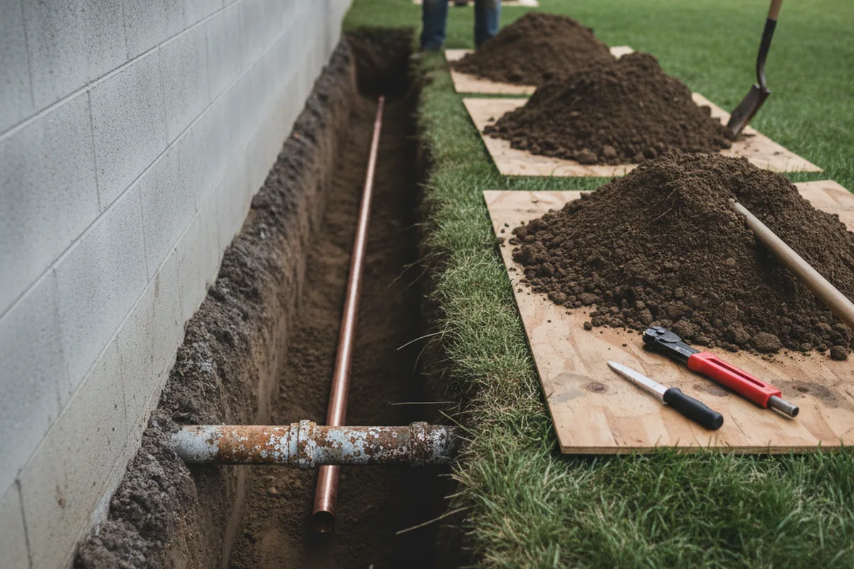 Excavated water line trench during Water Softener Installation in Chualar